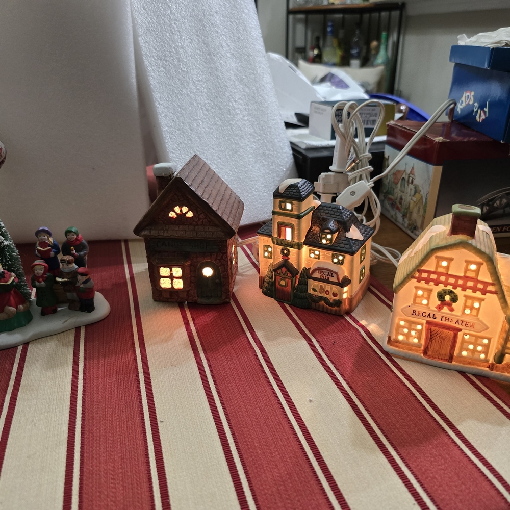 Festive LED Holiday Village Set with Brown and Cream Houses